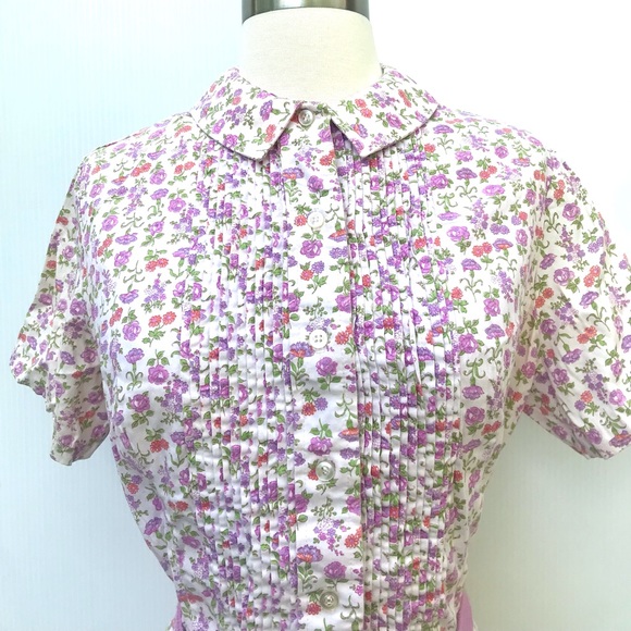 Vintage 60’s pink & purple floral cotton button down belted shirt dress - Picture 2 of 12
